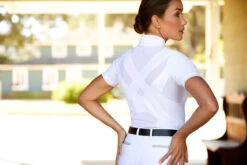 Ariat Womens Ascent 1/4 Zip Short Sleeve Show Shirt -Equestrian Supply Store S23 WMS ENGL Carmel LaCunha Shot 02 7942 RTL