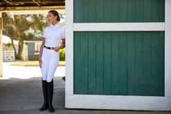 Ariat Womens Ascent 1/4 Zip Short Sleeve Show Shirt -Equestrian Supply Store S23 WMS ENGL Carmel LaCunha Shot 02 8052 RTL